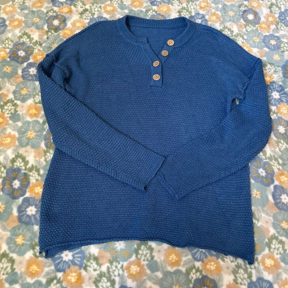 Blue knit henley sweater with buttons women's small